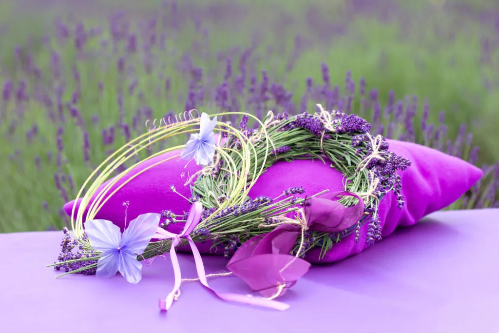Lavendlipärjad padjal keset lavendlipõldu